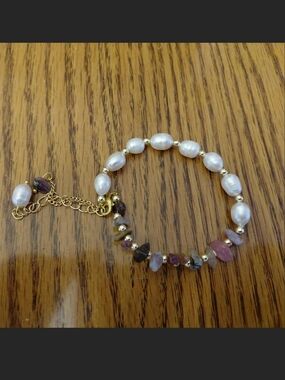 Source Unknown Gold, White Pearl & Multi-Color Gemstone Bracelet